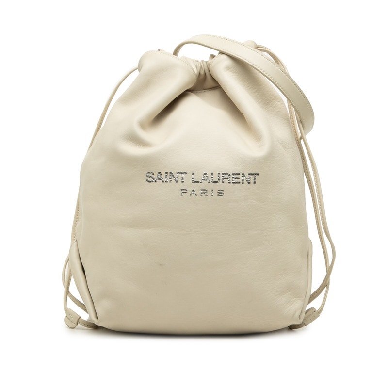 サンローラン ロゴ 巾着ショルダーバッグ チェーン アイボリー ベージュ系 レザー レディース SAINT LAURENT 中古