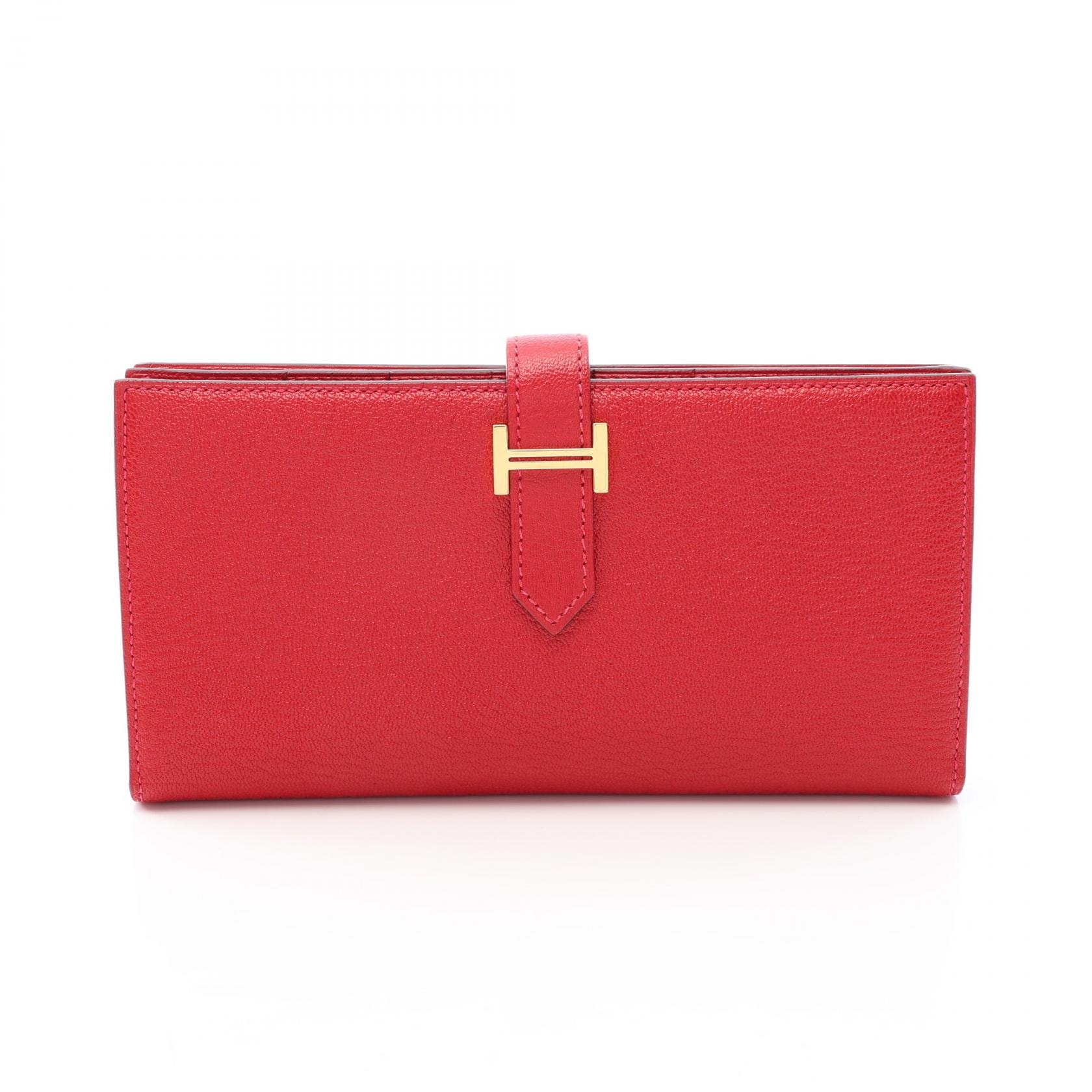 エルメス HERMES ベアンスフレ 二つ折り長財布 財布 レザー シェーブル シェーブル ルージュカザック □R刻印(2014年製造) レディース レッド系 【中古】