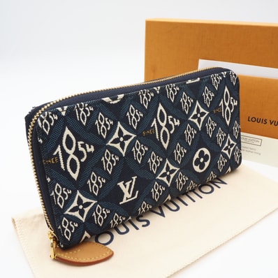 美品 LOUIS VUITTON ルイ・ヴィトン モノグラム ジャガード Since1854 ジッピー ウォレット M80212 長財布 ネイビー ホワイト ブラウン レザー レディース