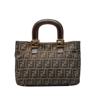 フェンディ ズッカ ハンドバッグ ブラウン ブラック キャンバス レザー レディース FENDI 【中古】