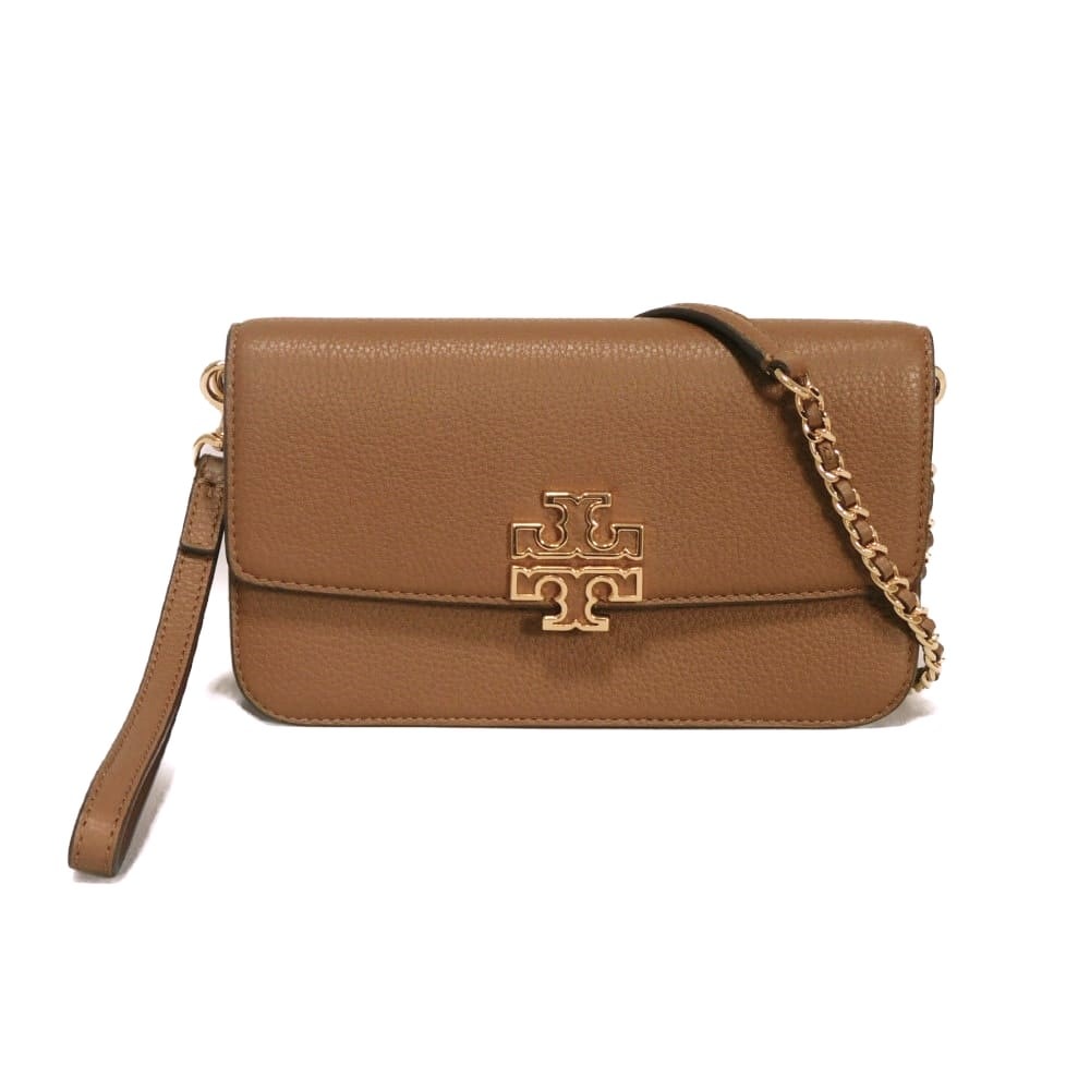 Tory Burch トリーバーチ プリテン チェーン ウォレット ペブル カーフ ブラウン ゴールド リストレット クロスボディ 3WAY 長財布 クラッチバッグ 未使用 ダブルT ロゴ メタル ムース ショルダーバッグ 141012
