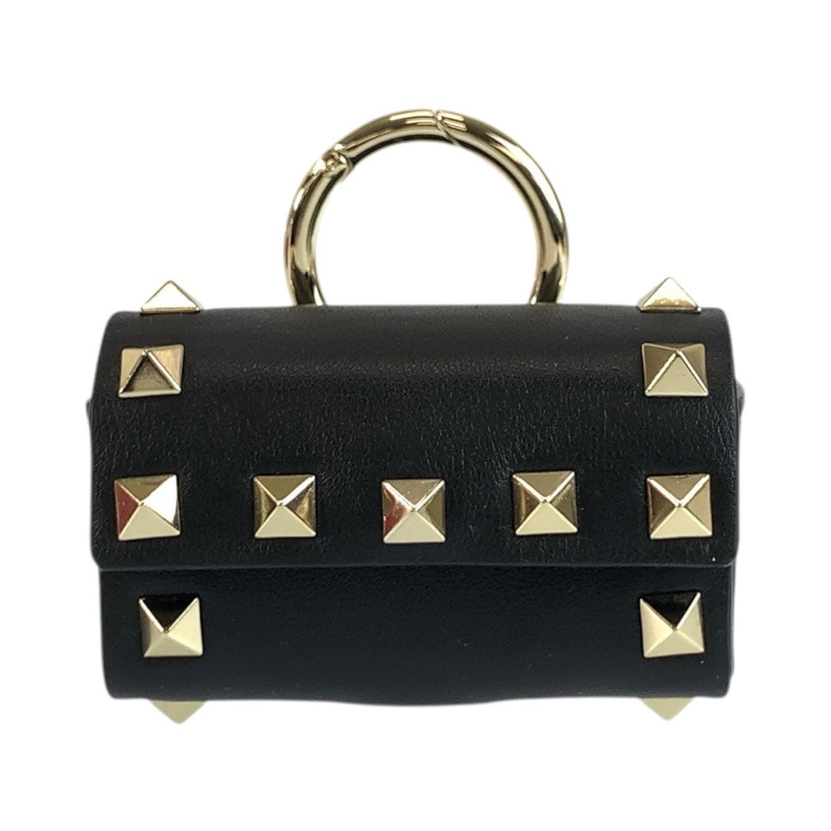 美品 VALENTINO ヴァレンティノ ロックスタッズ ペット ブラック 黒 ゴールド金具 レザー AirPodsケース イヤホンケース 小物入れ 1-0248865 【中古】
