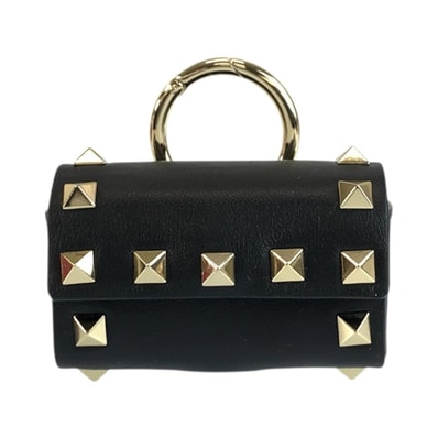 美品 VALENTINO ヴァレンティノ ロックスタッズ ペット ブラック 黒 ゴールド金具 レザー AirPodsケース イヤホンケース 小物入れ 1-0248865 【中古】