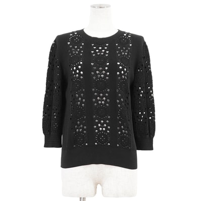 CHANEL シャネル ニット サイズ 42 レディース P62984 リブニット 透かし編み カットワーク プルオーバー 七分丈 トップス ブラック 黒 イタリア製