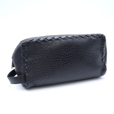 BOTTEGA VENETA(ボッテガ・ヴェネタ)イントレチャート セカンドバッグ クラッチバッグ ブラック レザー シルバー金具 174361 メンズ【中古】