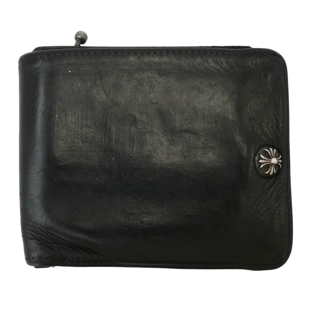 CHROME HEARTS クロムハーツ(原本無) ウォレット 1SNAP 1スナップ クロスボールボタン レザー コンパクト ウォレット ブラック系 シルバー系【中古】
