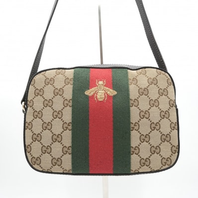 GUCCI(グッチ)GGキャンバス シェリーライン ビー ショルダーバッグ クロスボディバッグ ベージュ ブラウン レザー レディース 412008【中古】