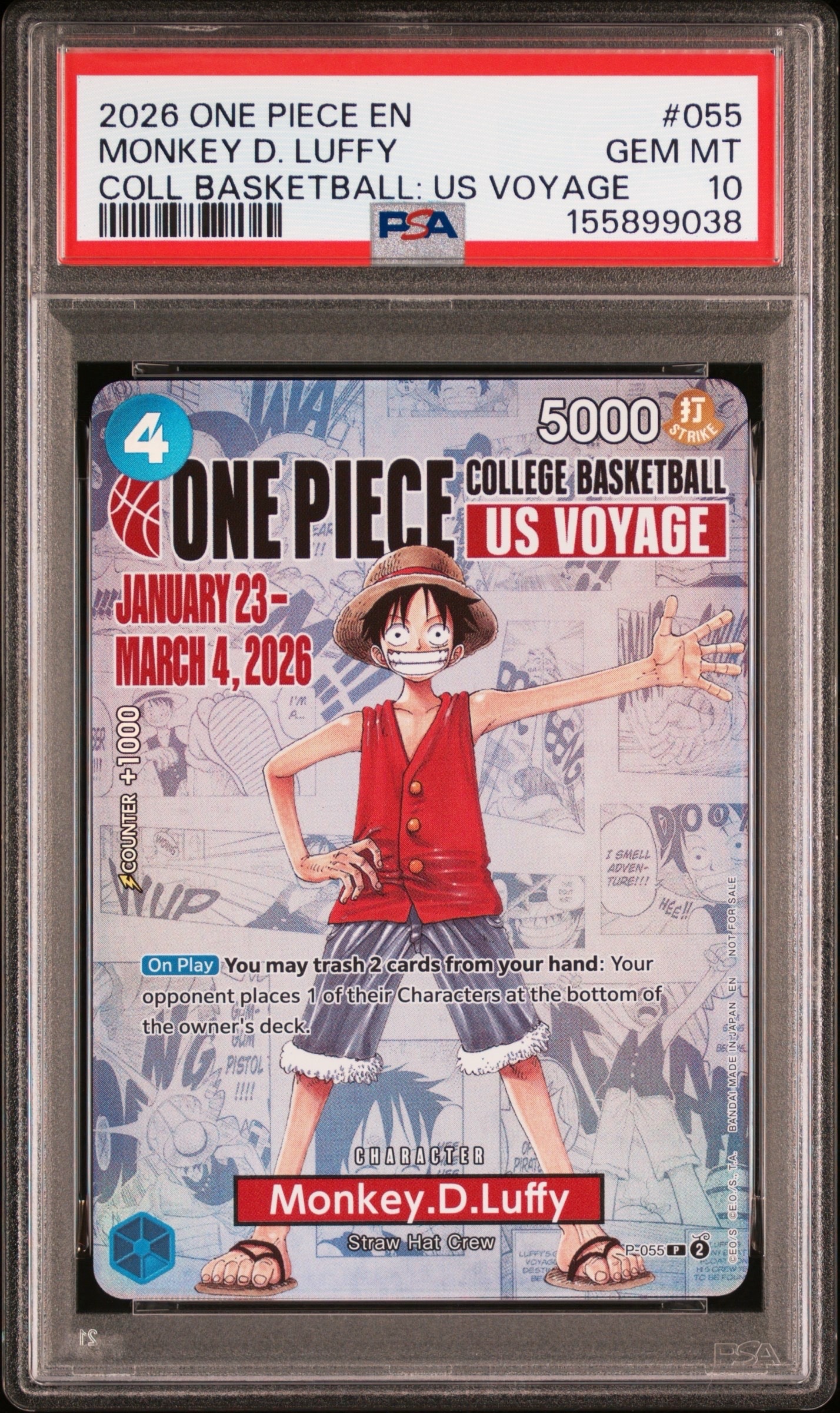 PSA10 バスケ モンキー・D・ルフィ ワンピースカード 大学 USA プロモ PSA10】モンキー・D・ルフィ：P (開封済) [P-055]【英語版