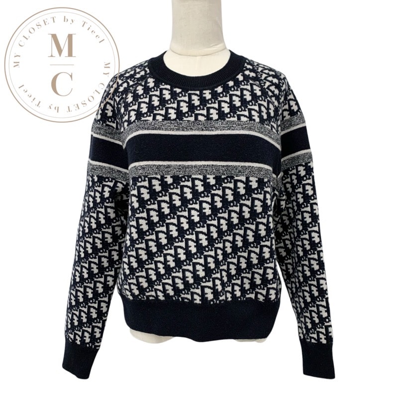 クリスチャンディオール CHRISTIAN DIOR トップス カシミヤ ネイビー ホワイト リバーシブル ラウンドネックセーター オブリーク ニット セーター ロゴ