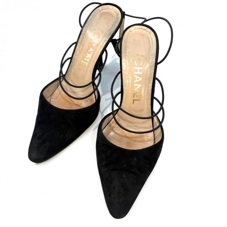 シャネル スウェード スリングバック ミュール ブラック ベージュ パンプス サンダル 靴 #37 ハイヒール CHANEL 正規品【鑑定済み】