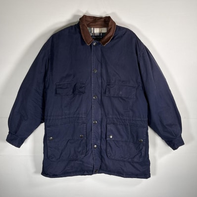 古着 90's/90年代 ノーティカ NAUTICA ダウンジャケット 襟レザー 裏地チェック柄 L ネイビー メンズ
