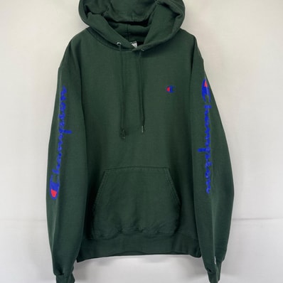 古着 チャンピオン Champion スウェット パーカー ワンポイントロゴ刺繍 スリーブロゴ 袖ロゴ S グリーン系 メンズ