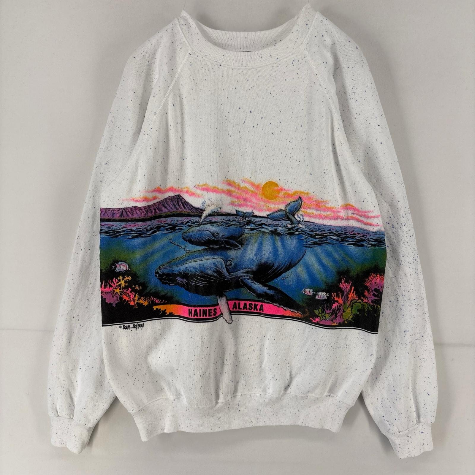 古着 80's/80年代 ヘインズ Hanes USA製 スウェット クルーネック ラグラン プリント クジラ イラスト アート L  ホワイト メンズ