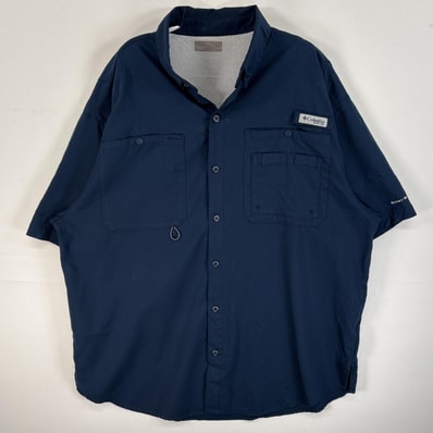 古着 コロンビア Columbia 半袖シャツ PFG ワンポイント ロゴ 胸ポケ ネイビー 無地 メンズ