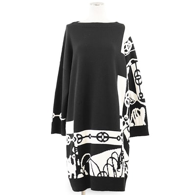 美品 エルメス 2022年 2E2506D2 CLIQUETIS クリケティス シェーヌダンクル カシミヤ100% ニット リラックスフィット ワンピース レディース 黒 白 38 HERMES