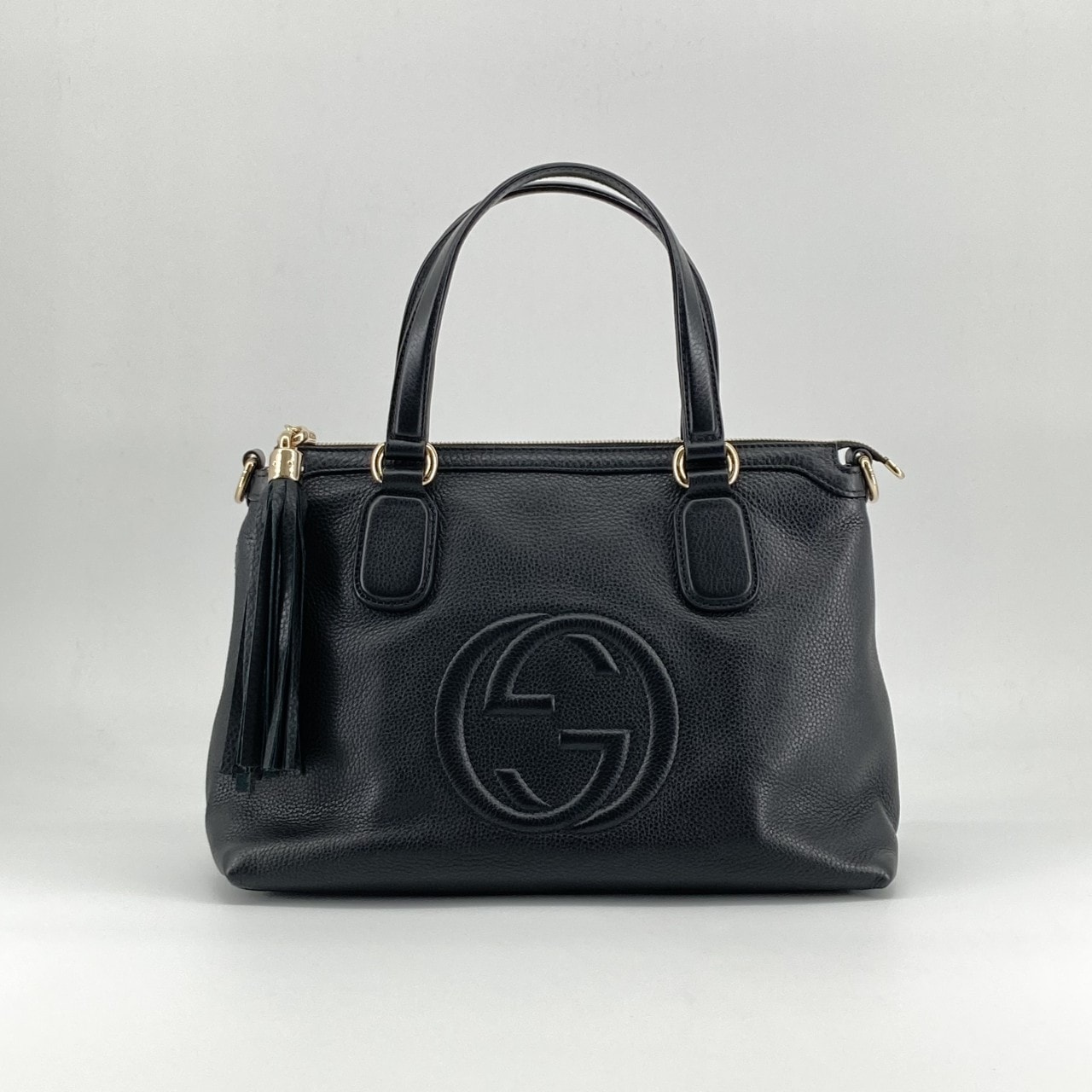GUCCI(グッチ) インターロッキングGロゴ ソーホー 2WAY レザー タッセルチャーム付 308362 トートバッグ ブラック×ゴールド