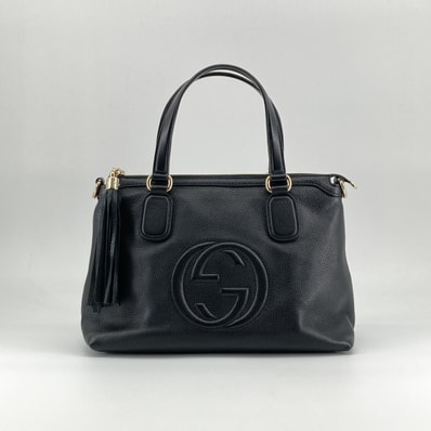 GUCCI(グッチ) インターロッキングGロゴ ソーホー 2WAY レザー タッセルチャーム付 308362 トートバッグ ブラック×ゴールド