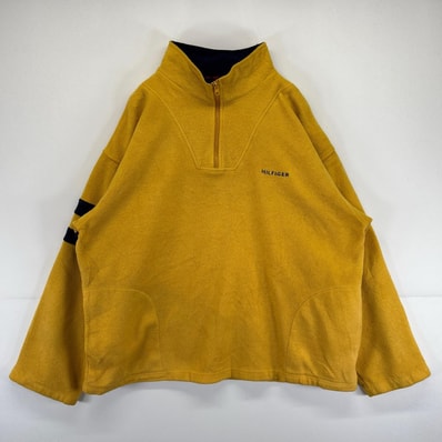 古着 90's/90年代 トミーヒルフィガー TOMMY HILFIGER フリースジャケット 大きいサイズ ワンポイントロゴ刺繍 ハーフジップ プルオーバー 2XL イエロー メンズ