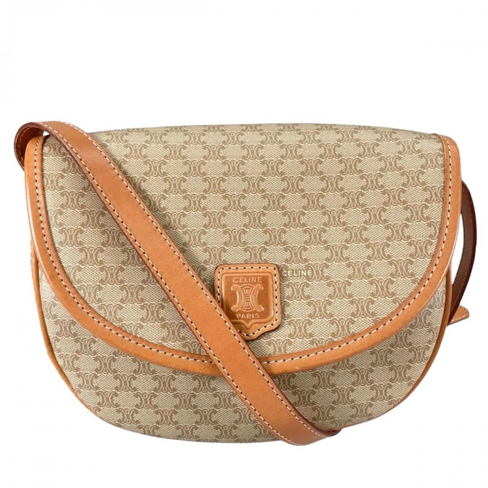 CELINE セリーヌ ショルダーバッグ マカダム ヴィンテージ 半月型 斜め掛け DM92 PVCコーティングキャンバス    ベージュ ゴールド金具 レディース【中古品】