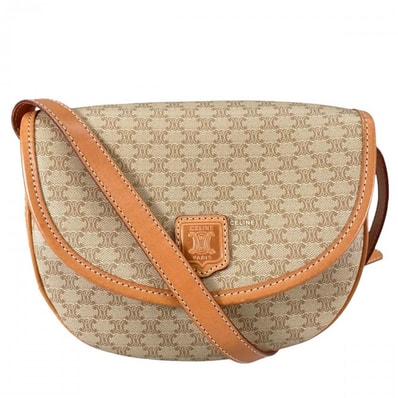 CELINE セリーヌ ショルダーバッグ マカダム ヴィンテージ 半月型 斜め掛け DM92 PVCコーティングキャンバス ベージュ ゴールド金具 レディース【中古品】