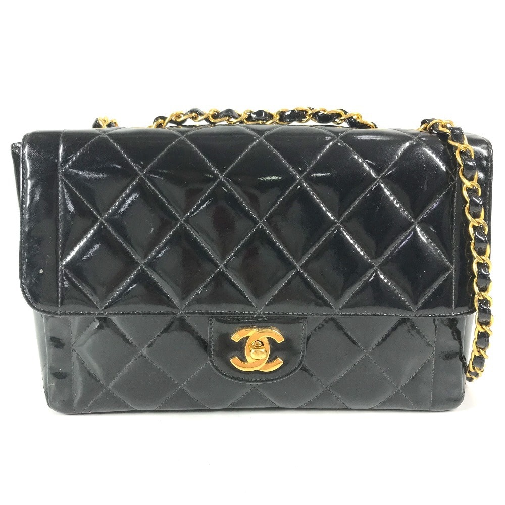 シャネル CHANEL マトラッセ キルティング CC ココマーク ロゴ ヴィンテージ カバン Wチェーン チェーンバッグ フラップ ショルダーバッグ パテントレザー ブラック