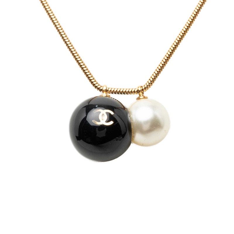 シャネル ココマーク ボール  チェーン ネックレス ゴールド ブラック メッキ フェイクパール プラスチック レディース CHANEL 【中古】