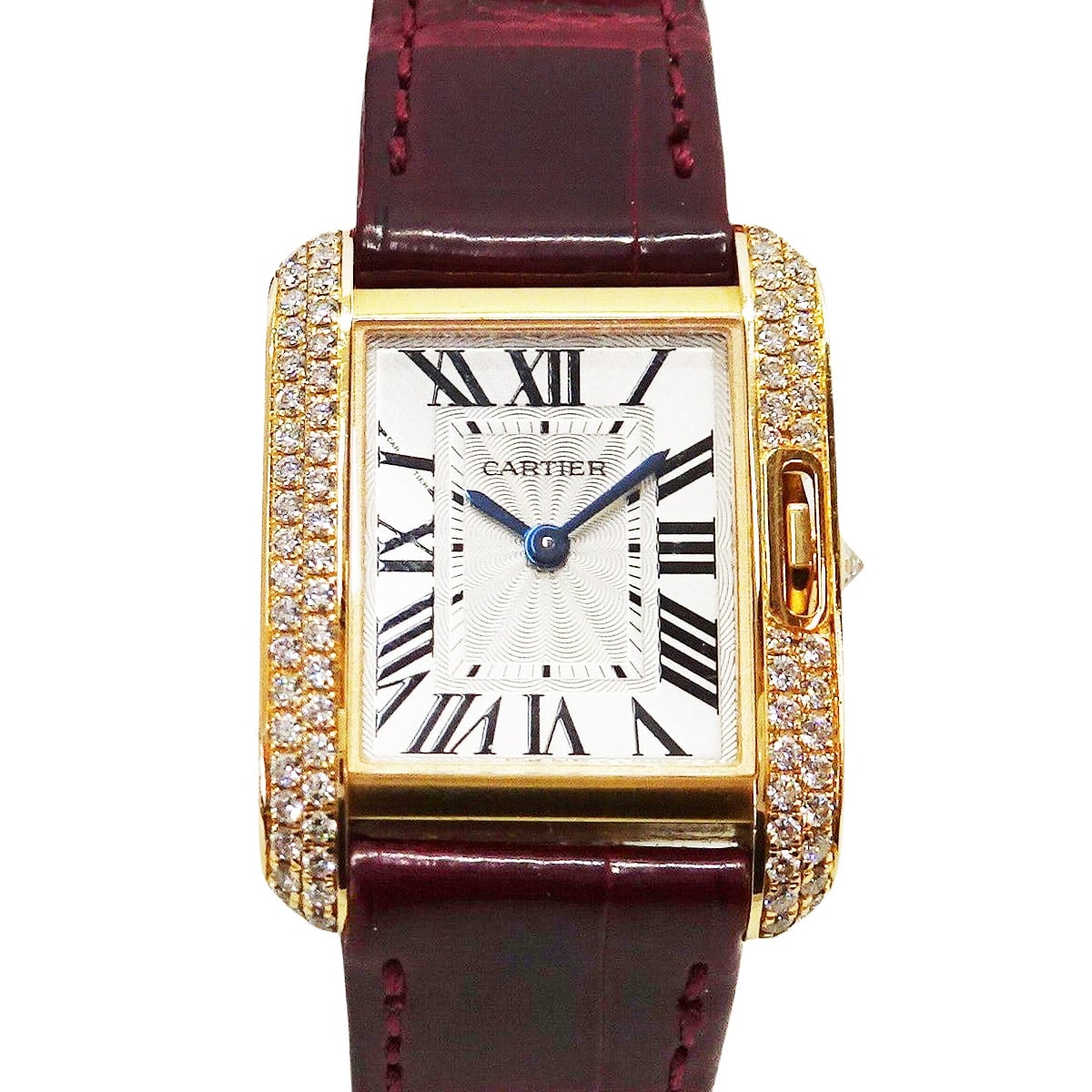 【渋谷並木橋店】CARTIER カルティエ 腕時計 タンク アングレーズ ベゼルダイヤ スクエア SM ボルドー K18PG/クロコダイルアリゲーター/ダイヤモンド WT100013 SAランク【中古】