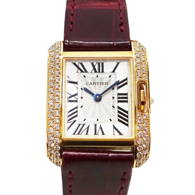 【渋谷並木橋店】CARTIER カルティエ 腕時計 タンク アングレーズ ベゼルダイヤ スクエア SM ボルドー K18PG/クロコダイルアリゲーター/ダイヤモンド WT100013 SAランク【中古】