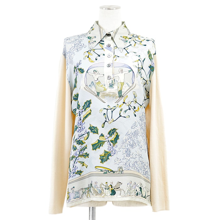 HERMES エルメス ヴィンテージ シャツ ツイルレーヌシャツ NEIGE D'ANTAN 去年の雪 ハイゲージ ニット × シルク コンビネーション プルオーバー ロングスリーブ 長袖 トップス レディース サイズ M サックスブルー イタリア製