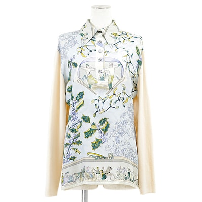 HERMES エルメス ヴィンテージ シャツ ツイルレーヌシャツ NEIGE D'ANTAN 去年の雪 ハイゲージ ニット × シルク コンビネーション プルオーバー ロングスリーブ 長袖 トップス レディース サイズ M サックスブルー イタリア製