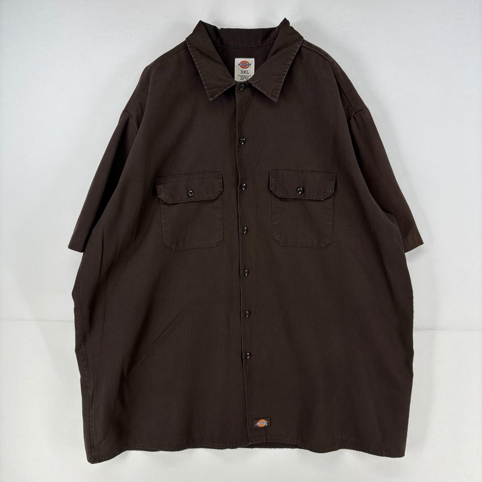古着 ディッキーズ Dickies 半袖シャツ ワーク 胸ポケット 大きいサイズ 作業着 ワンポイント 3XL ブラウン 無地 メンズ