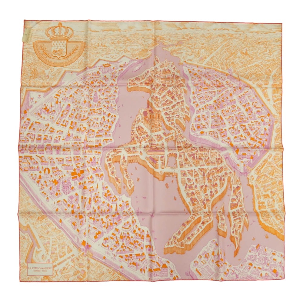 HERMES エルメス カレ90 La Cite Cavaliere シテ カヴァリエール シルク スカーフ オレンジ系【極上美品】【中古】