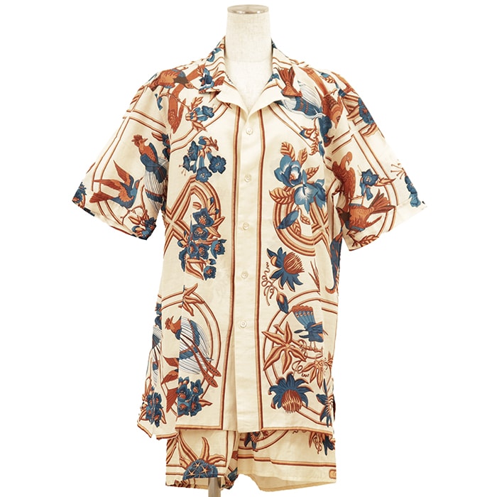 【美品】HERMES エルメス ヴィンテージセットアップ サイズ 44 / 2 レディース アロハシャツ オープンカラー ショーツ コットン100% バード 鳥 ベージュ フランス製