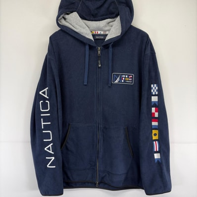 古着 ノーティカ NAUTICA フリース ジャケット ロゴ 袖ロゴ 刺繍 パーカー フルジップ 2XL ネイビー メンズ