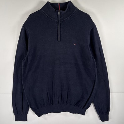 古着 トミーヒルフィガー TOMMY HILFIGER スウェット ハーフジップ ワンポイントロゴ 大きいサイズ 肉厚 14041 ネイビー メンズ