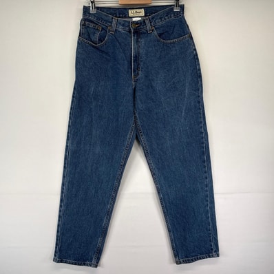 古着 エルエルビーン L.L.Bean デニム パンツ レザーパッチ ジーパン テーパード ジーンズ 5ポケット 10REG ブルー系 レディース