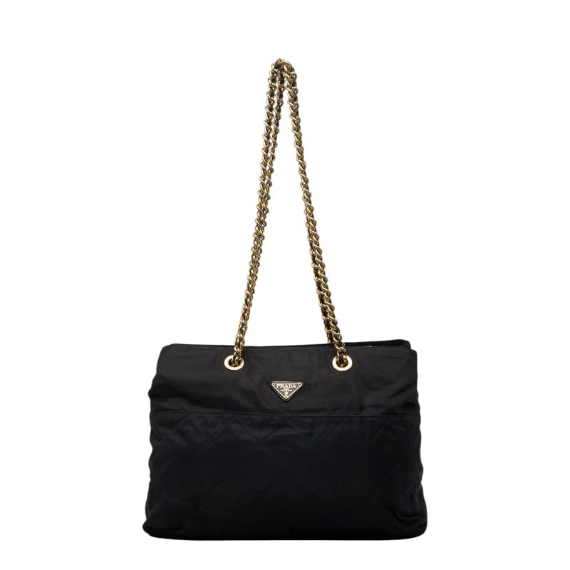 プラダ 三角ロゴプレート テスート キルティング チェーン ショルダー トートバッグ ネイビー ナイロン レディース PRADA 【中古】