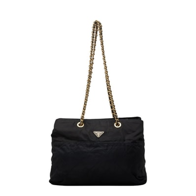プラダ 三角ロゴプレート テスート キルティング チェーン ショルダー トートバッグ ネイビー ナイロン レディース PRADA 【中古】
