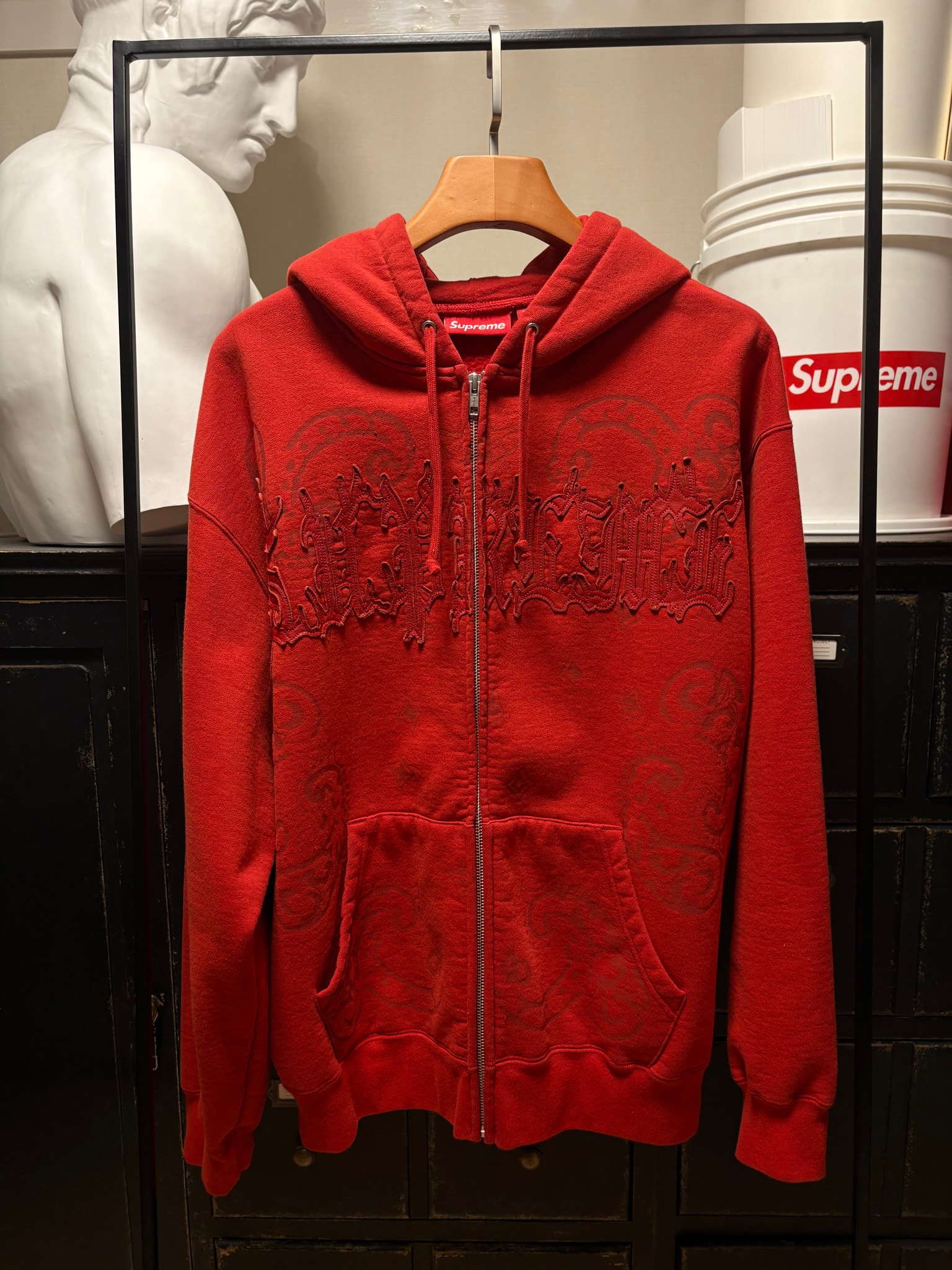 Supreme Leather Applique Zip Up Hooded Sweatshirt "Red"