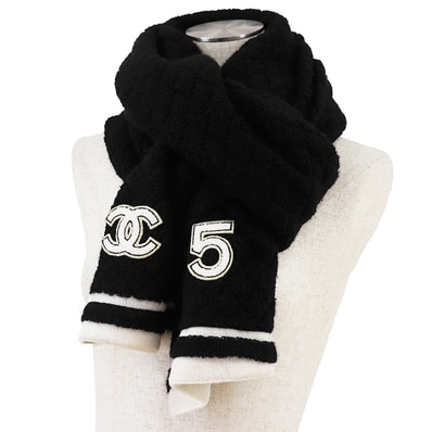 【極美品】CHANEL シャネル スカーフ COCOマーク No.5 カシミヤ100% 小物 タグ付属 ブラック ホワイト 黒 白 イギリス製 22B メンズ レディース ユニセックス
