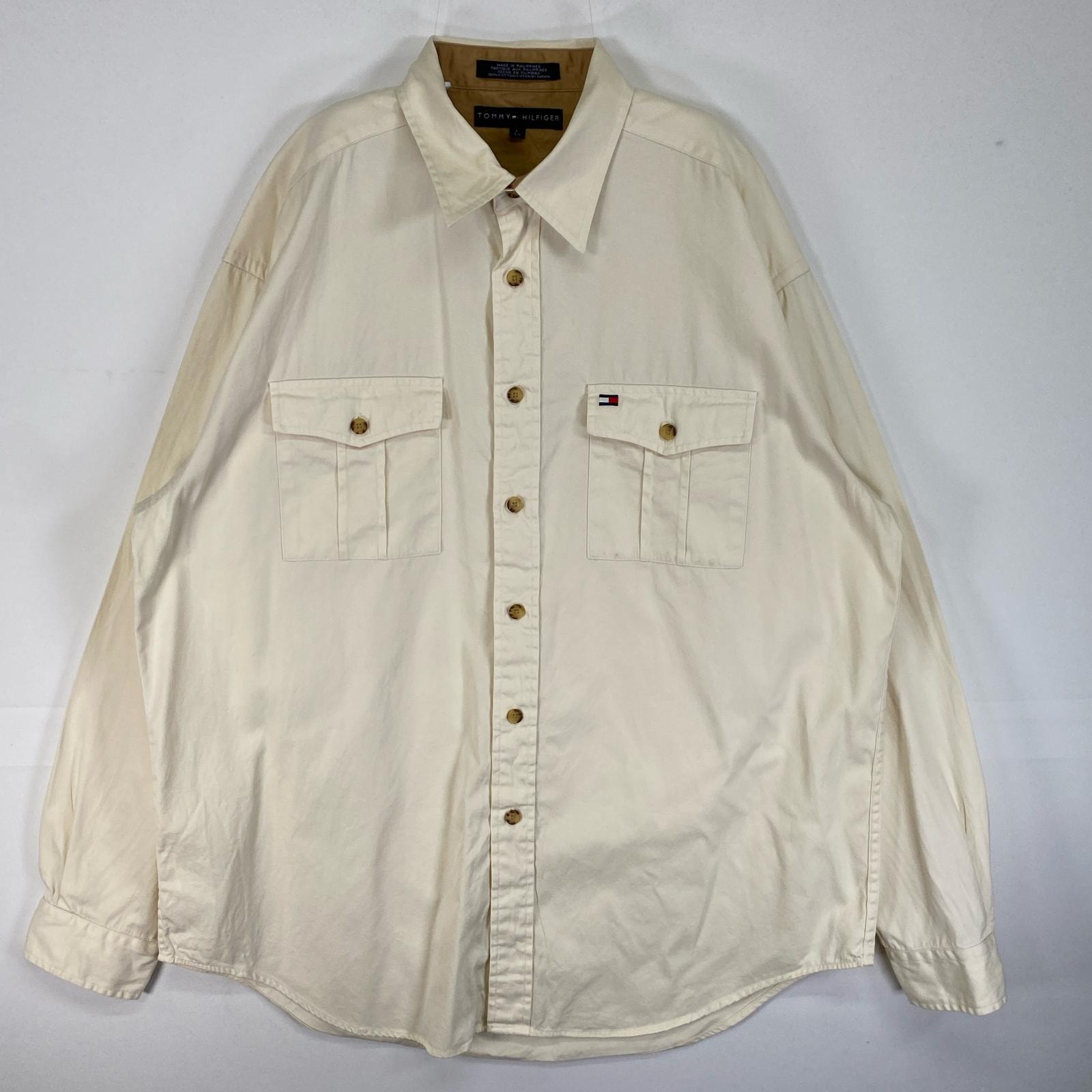 古着 トミーヒルフィガー TOMMY HILFIGER 長袖Tシャツ フラップポケ ロゴ 刺繍 肉厚 L  ホワイト系 無地 メンズ