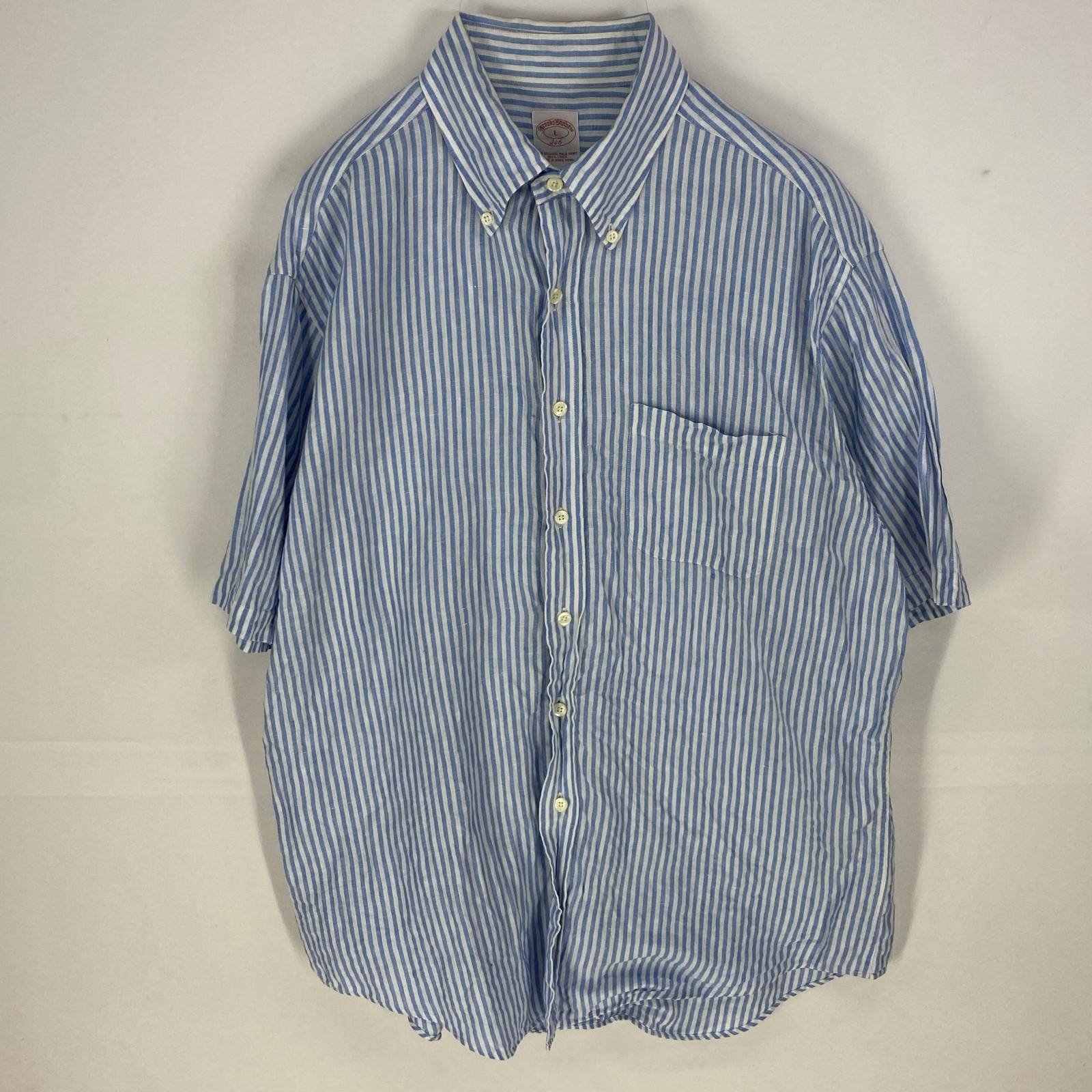 古着 ブルックスブラザーズ Brooks Brothers 長袖シャツ ボタンダウン 胸ポケット 346 リネンシャツ L ブルー系 ストライプ メンズ