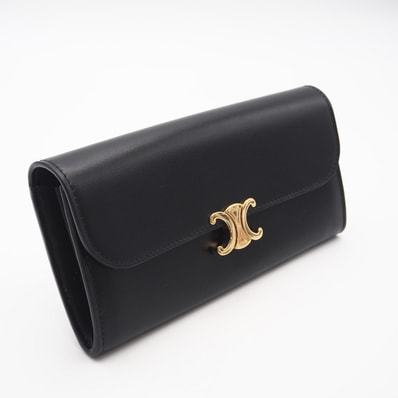 極美品 CELINE セリーヌ トリオンフ ラージウォレット 10E313DPV 長財布 ブラック ゴールド カーフレザー レディース