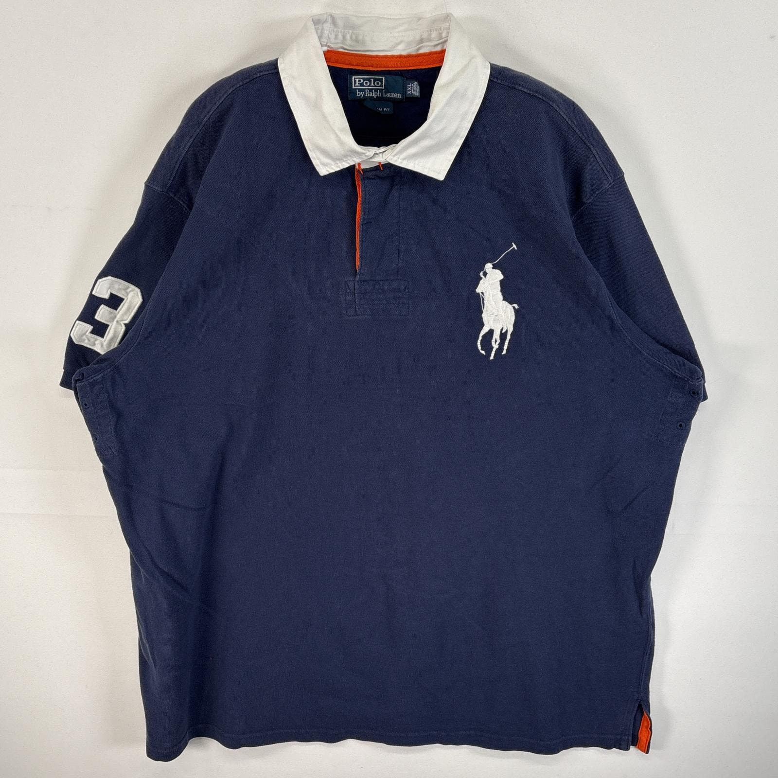古着 90's/90年代 ポロバイラルフローレン Polo by Ralph Lauren 鹿の子 半袖 ラガーシャツ ビッグポニー カスタムフィット 大きいサイズ 14041  ネイビー系 無地 メンズ