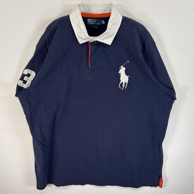 古着 90's/90年代 ポロバイラルフローレン Polo by Ralph Lauren 鹿の子 半袖 ラガーシャツ ビッグポニー カスタムフィット 大きいサイズ 14041 ネイビー系 無地 メンズ