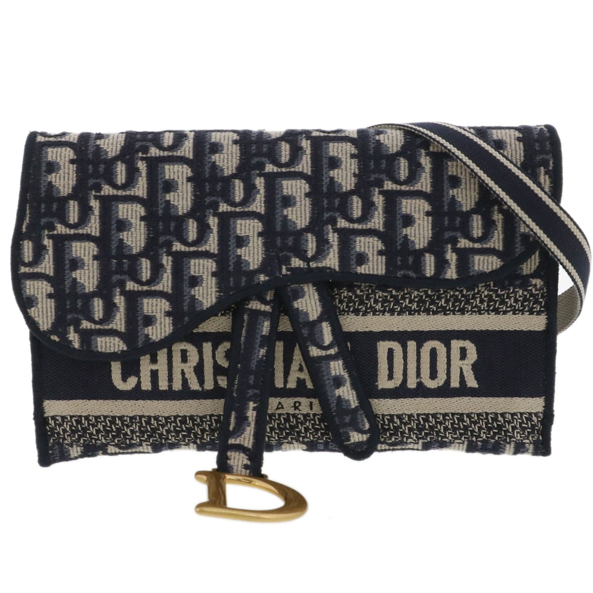 Christian Dior クリスチャンディオール オブリーク サドル スリムポーチ ショルダーバッグ S5647CRIW キャンバス ネイビー  レディース【中古】