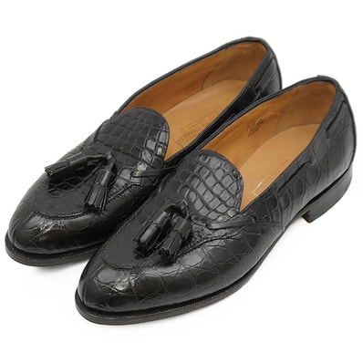 【極美品】EDWARD GREEN エドワードグリーン タッセルローファー サイズ 7D メンズ クロコダイル エキゾチックレザー シューズ 革靴 ブラック 黒 イングランド製