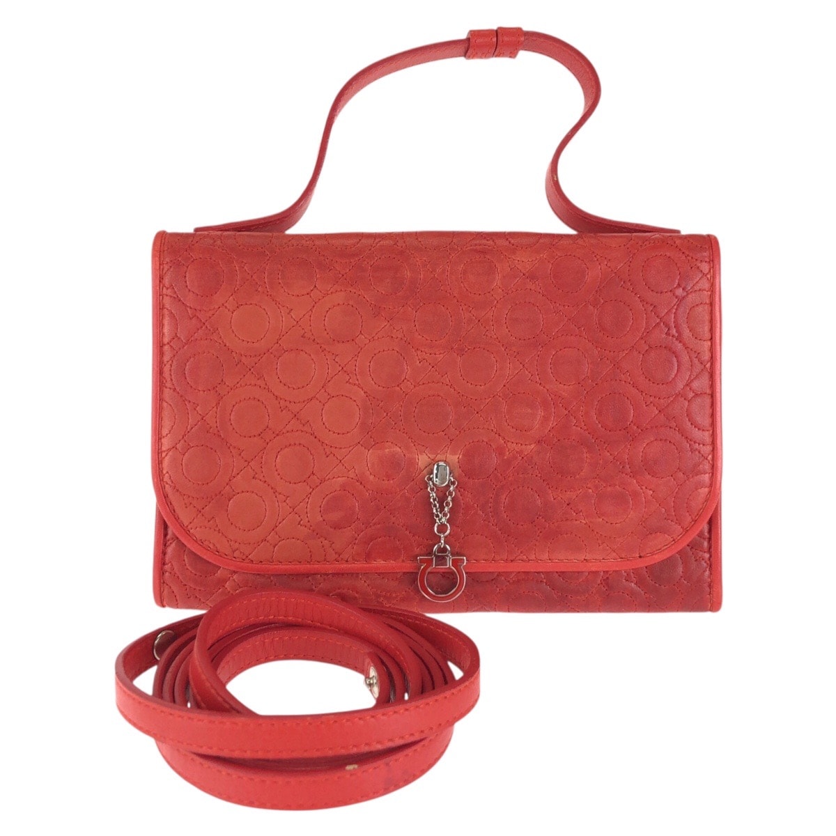 Salvatore Ferragamo サルヴァトーレフェラガモ ガンチーニ 2way チェーンウォレット レッド シルバー金具 レザー 長財布 ショルダーバッグ 1-0296128 【中古】