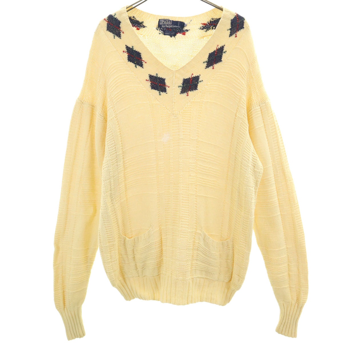 Polo by Ralph Lauren ポロバイラルフローレン 90s オールド ハンドニット アーガイル柄 長袖 Vネック ニット M イエロー