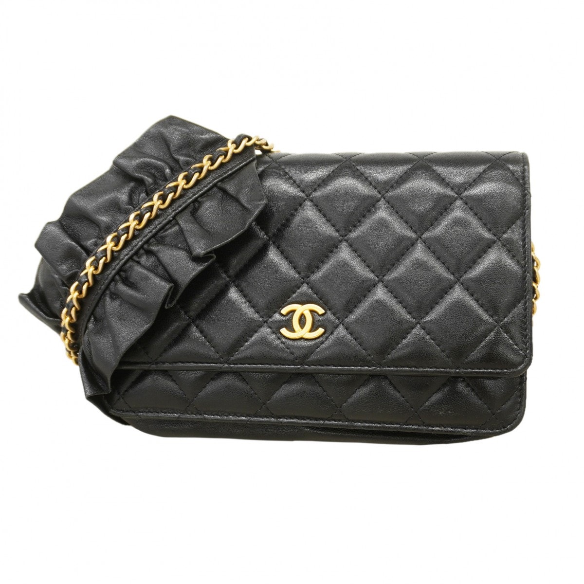 【6db1103-k】シャネル ショルダーウォレット マトラッセ チェーンショルダー ラムスキン ブラック ゴールド金具【中古】レディース